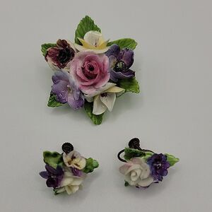 Vintage Dorothy Ann Fine Porcelain Brooch and Earrings Set